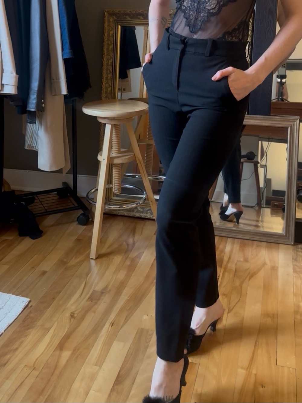 H&M Black High-Rise Tailored Straight Trousers